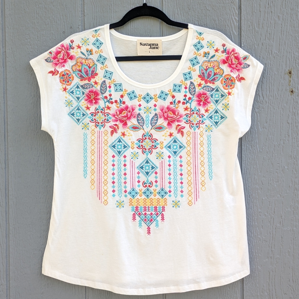 Savanna Jane Floral Embroidered T-Shirt Top Large Off White & Multicolor